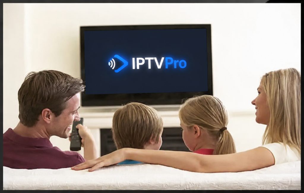 Family watching live TV and streaming entertainment through IPTV service on a Smart TV.