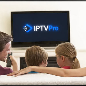 Family watching live TV and streaming entertainment through IPTV service on a Smart TV.